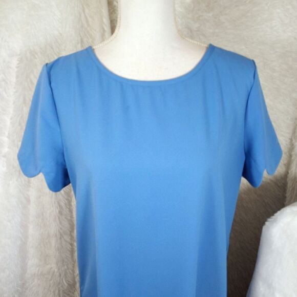 ONE STORY BLUE SHIFT DRESS W/SCALLOPED SLEEVES SZ.L EUC - Picture 3 of 8